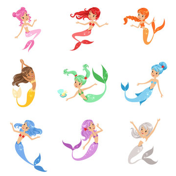 Cute fairy tale mermaid princess with colorful hair and taill set of vector Illustrations