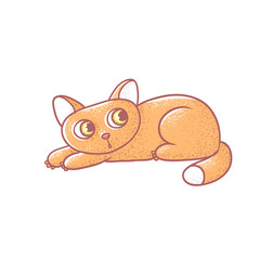 Textured color vector isolated illustration of cute emotional ginger kitten. The face of a cat expresses fright. Pussycat is pressed to the floor in fear. Drawn lines and painted a picture of the pet.