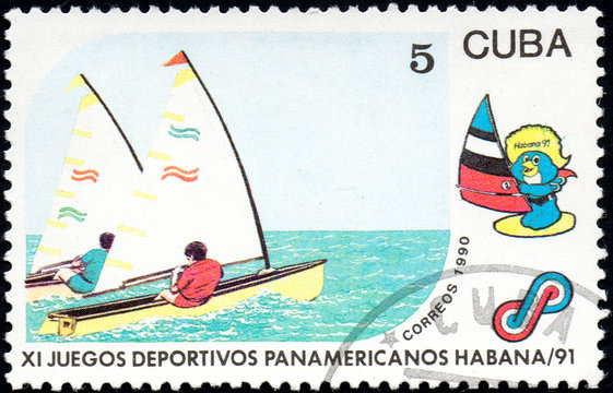UKRAINE - CIRCA 2017: A postage stamp printed in Cuba shows Sailing from series 11th Pan American Games, circa 1990