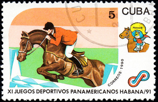 UKRAINE - CIRCA 2017: A postage stamp printed in Cuba shows Equestrian from series 11th Pan American Games, circa 1990