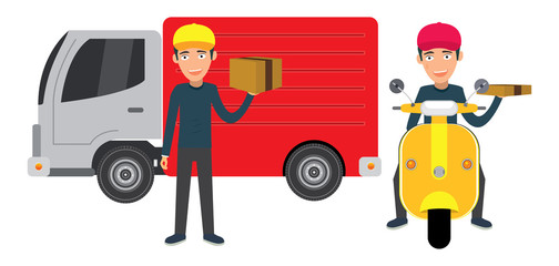 Delivery Boy in front delivery van and on the scooter delivery pizza and product