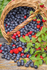 Wild blueberries and strawberries in a basket on the table closeup