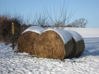 Snow covered hay bales with sign post