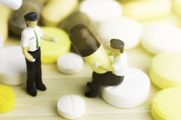 Drug prescription for treatment medication. Pharmaceutical medicament, cure in container for...