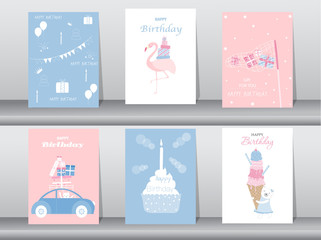 Set of birthday invitations. Card, poster, greeting template with cake rabbit flamingo. Vector illustrations