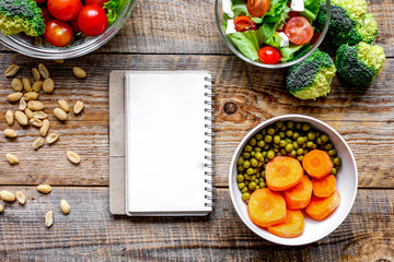concept diet, slimming plan with vegetables top view mock up
