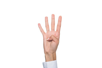Naklejka premium cropped view of person gesturing signed language or showing four sign, isolated on white
