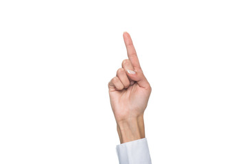 cropped view of person gesturing signed language or pointing up, isolated on white