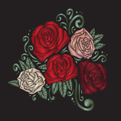 Roses embroidery on black background.