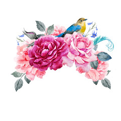 Floral composition with bird