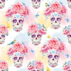 Watercolor skull seamless pattern