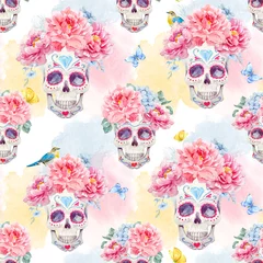 Wallpaper murals Human skull in flowers Watercolor skull seamless pattern