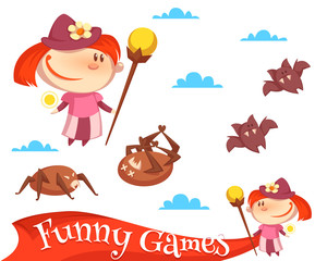 Vector illustration of the layout of a game banner with the girl, spiders and bats