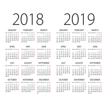 Abstract 2018 and 2019 vector calendar with Monday the first day of week
