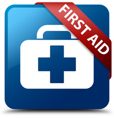 First aid blue square button red ribbon in corner