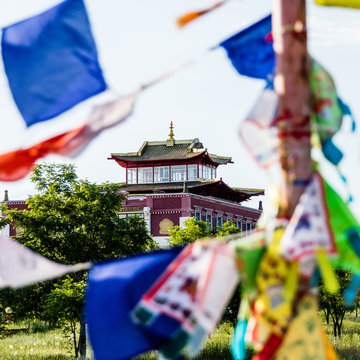 Buddhist monastery and flags