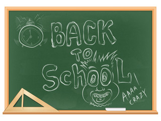 Fototapeta premium vector illustration of green blackboard in wooden frame. triangular ruler and chalk are on the shelf. handwritten: 