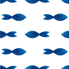 Vector watercolor seamless pattern with sea blue fish