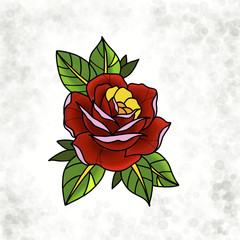 Traditional tattoo rose design. Cartoon illustration, hand drawn style.