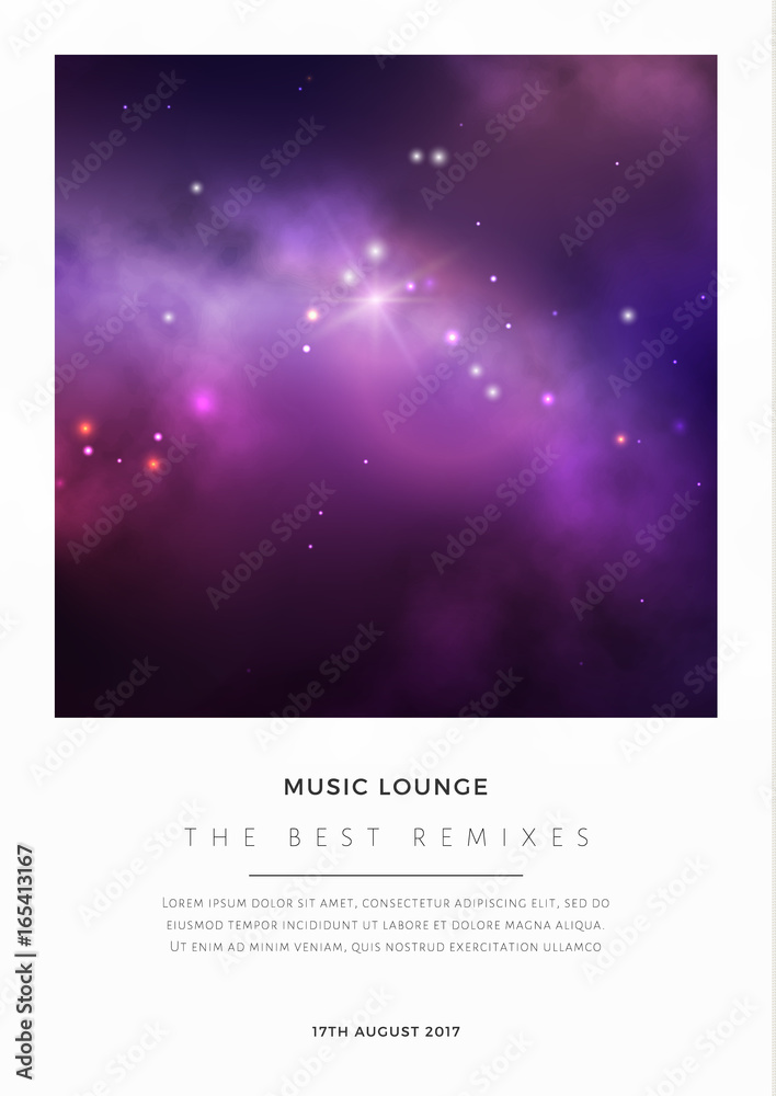 Wall mural vector space card design with colorful purple nebula and bright stars.