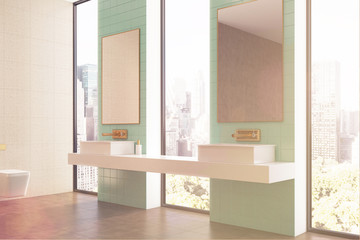 Green bathroom, double sink, side toned