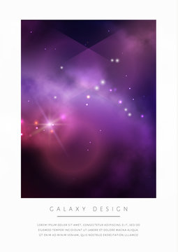 Vector space card design with colorful violet nebula and bright stars.