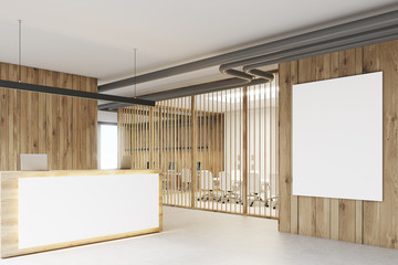 White and wooden reception, meeting room