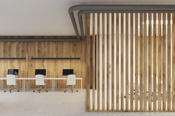 Open office and a meeting room, blinds