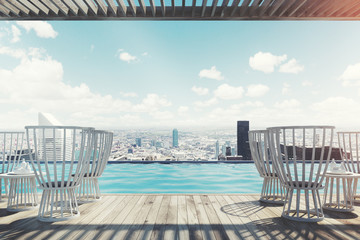 Outside cafe with white wooden chairs, city