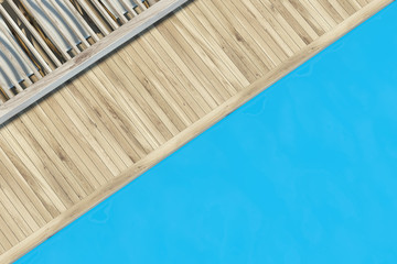 Top view of a swimming pool with wood