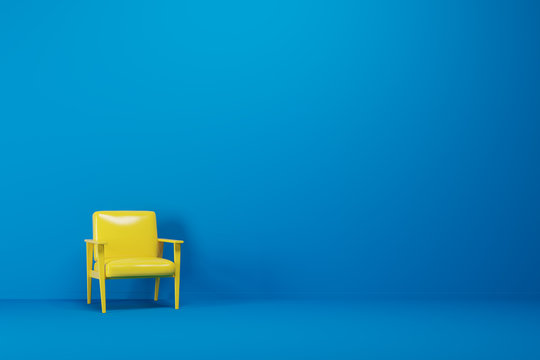 Blue empty room, yellow armchair