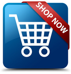 Shop now blue square button red ribbon in corner