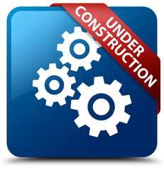 Under construction (gears icon) blue square button red ribbon in corner