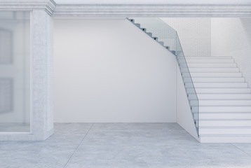 Empty white office hall, staircase