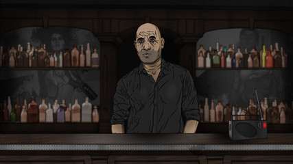 Bald barman at the bar. Portrait. Colorfull illustration