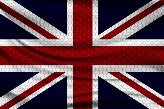 National flag of Great Britain on wavy fabric with a volumetric pattern of hexagons. Vector illustration.