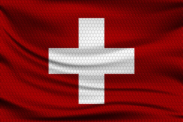 National flag of Switzerland on wavy fabric with a volumetric pattern of hexagons. Vector illustration.