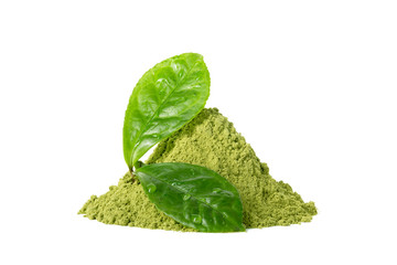 Green matcha tea powder with green wet leaves isolated on white