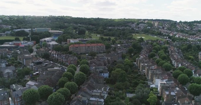 Aerial descending view of a typical Edwardian Victorian village in North London