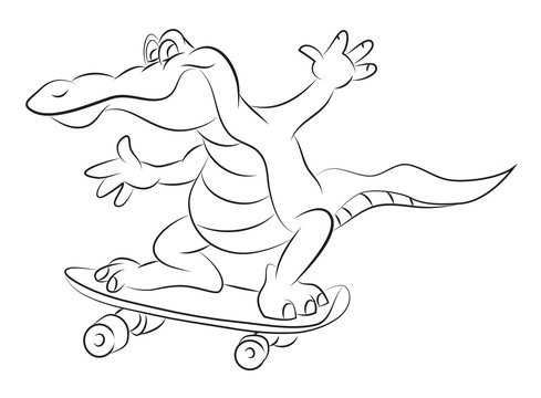 Cartoon image of amazing skateboarding alligator. An artistic freehand picture.