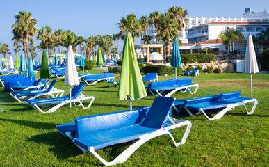 Fototapeta premium Mediterranean palm beach with empty sunbeds in morning, Paphos, Cyprus