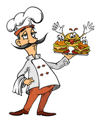 Cartoon image of chef with burgers. An artistic freehand picture.