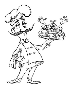 Cartoon image of chef with burgers. An artistic freehand picture.