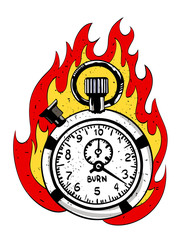 Cartoon image of flaming stop watch. An artistic freehand picture.