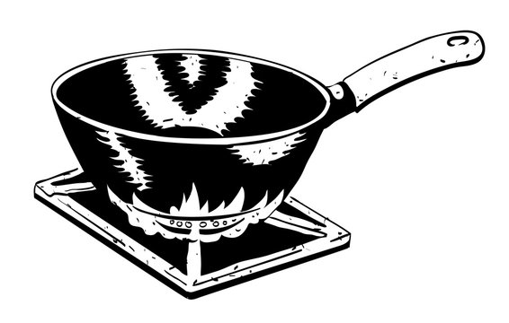 Cartoon image of frying pan on fire. An artistic freehand picture.