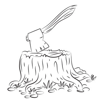 Cartoon image of tree stump and axe. An artistic freehand picture.