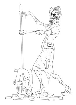 Cartoon image of undead monster lady cleaning. An artistic freehand picture.