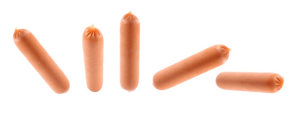 Collage of tasty sausages on white background