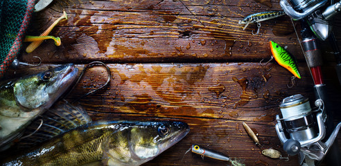 art fishing repor; sports fishing rod and tackle background