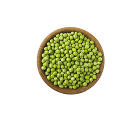 fresh green pea in the pod isolated on white background. Top view. Green pea with copy space for text.